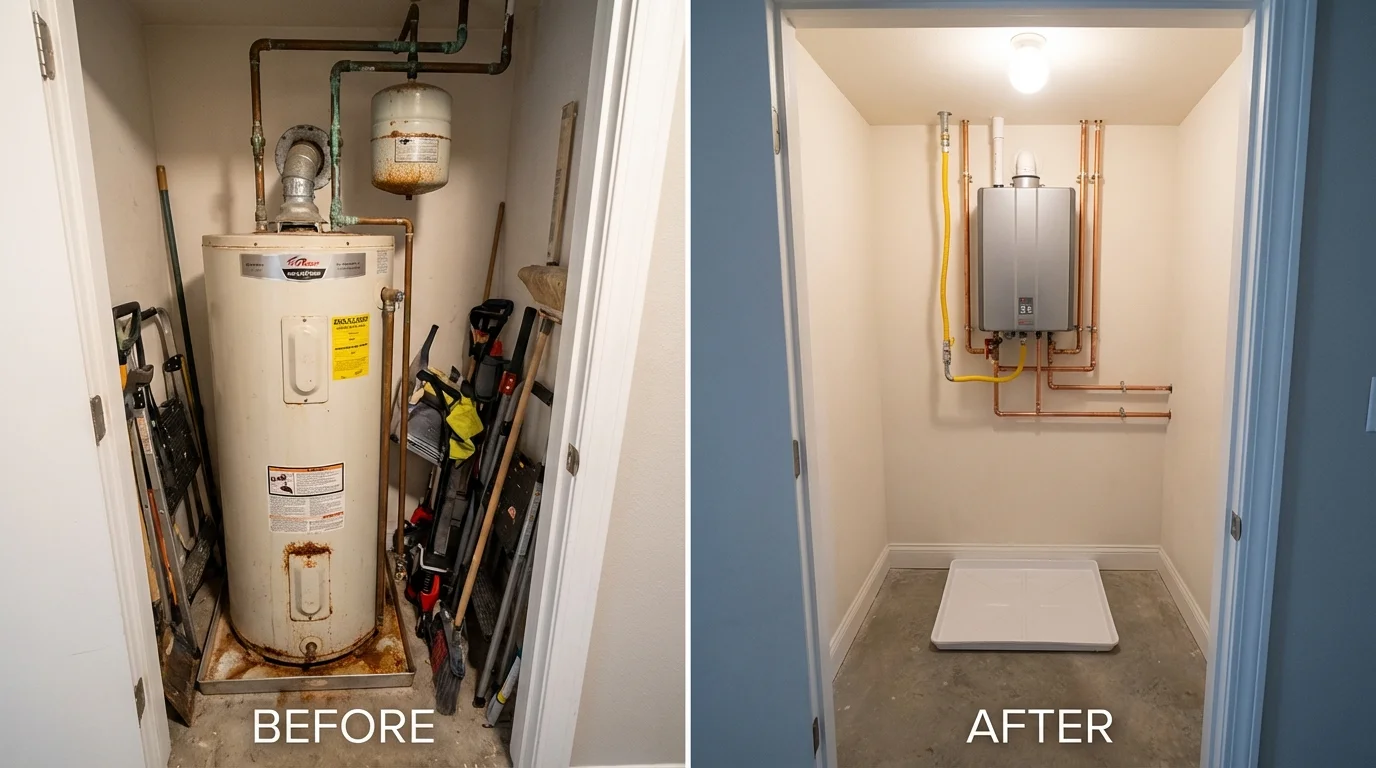 Tank water heater versus wall-mounted tankless unit comparison for Aurora, IL homeowners