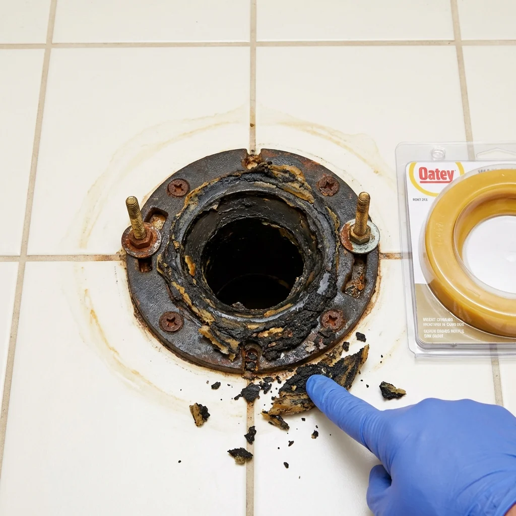 Failed wax ring showing water seepage at the base of a toilet in a Aurora, IL home