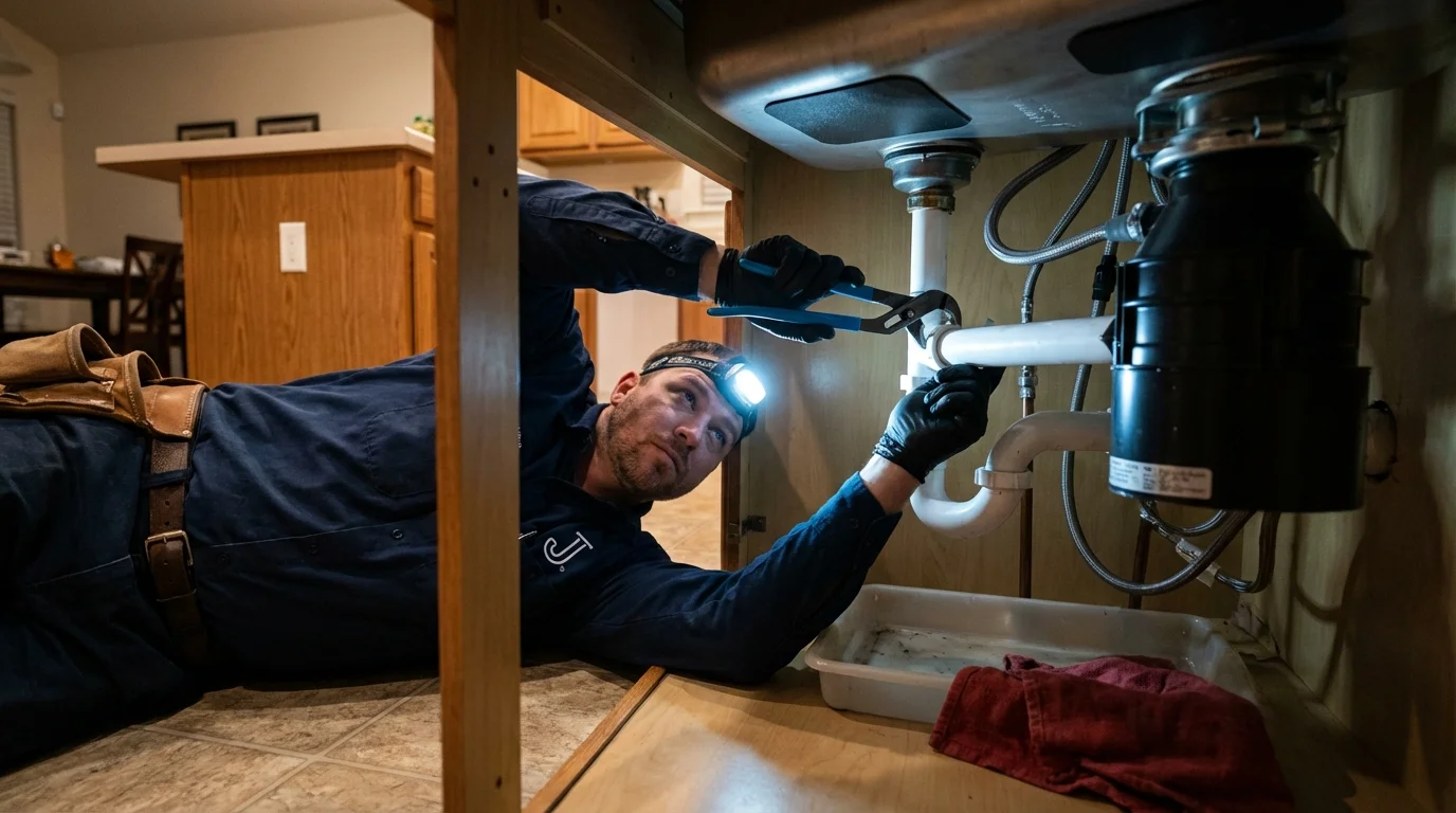 P-trap and supply line connections under a kitchen sink showing a common leak point in Aurora, IL